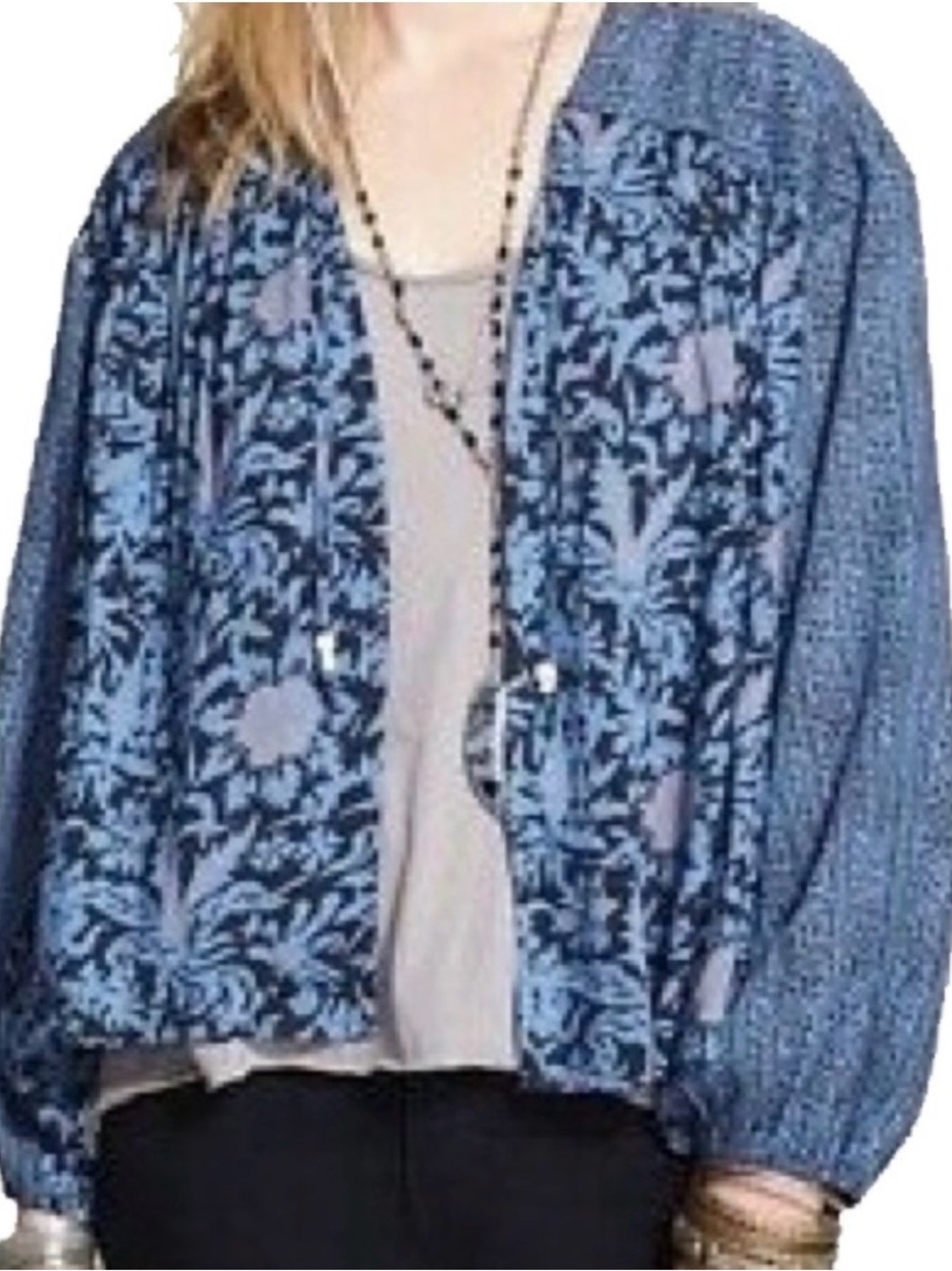 #843 FREE PEOPLE Pretty! Blue Floral Cardigan Kimono Cape w Neck Tie